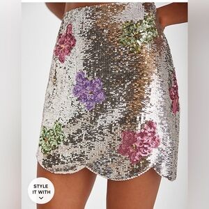 Express high waisted sequin floral scalloped edge skirt